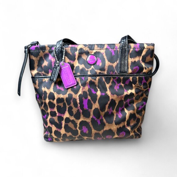 Coach Game Ocelot Tote Violet Purple Brown Black Animal Print Shoulder Bag - Picture 1 of 10